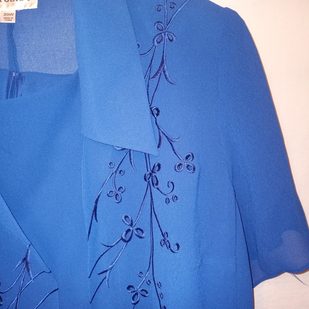 Studio I 20W Sleeveless Dress Long Sheer Jacket Embroidered Blue - Picture 3 of 15